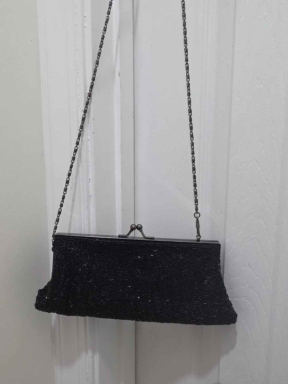 Black Beaded Evening Clutch with Chain Strap